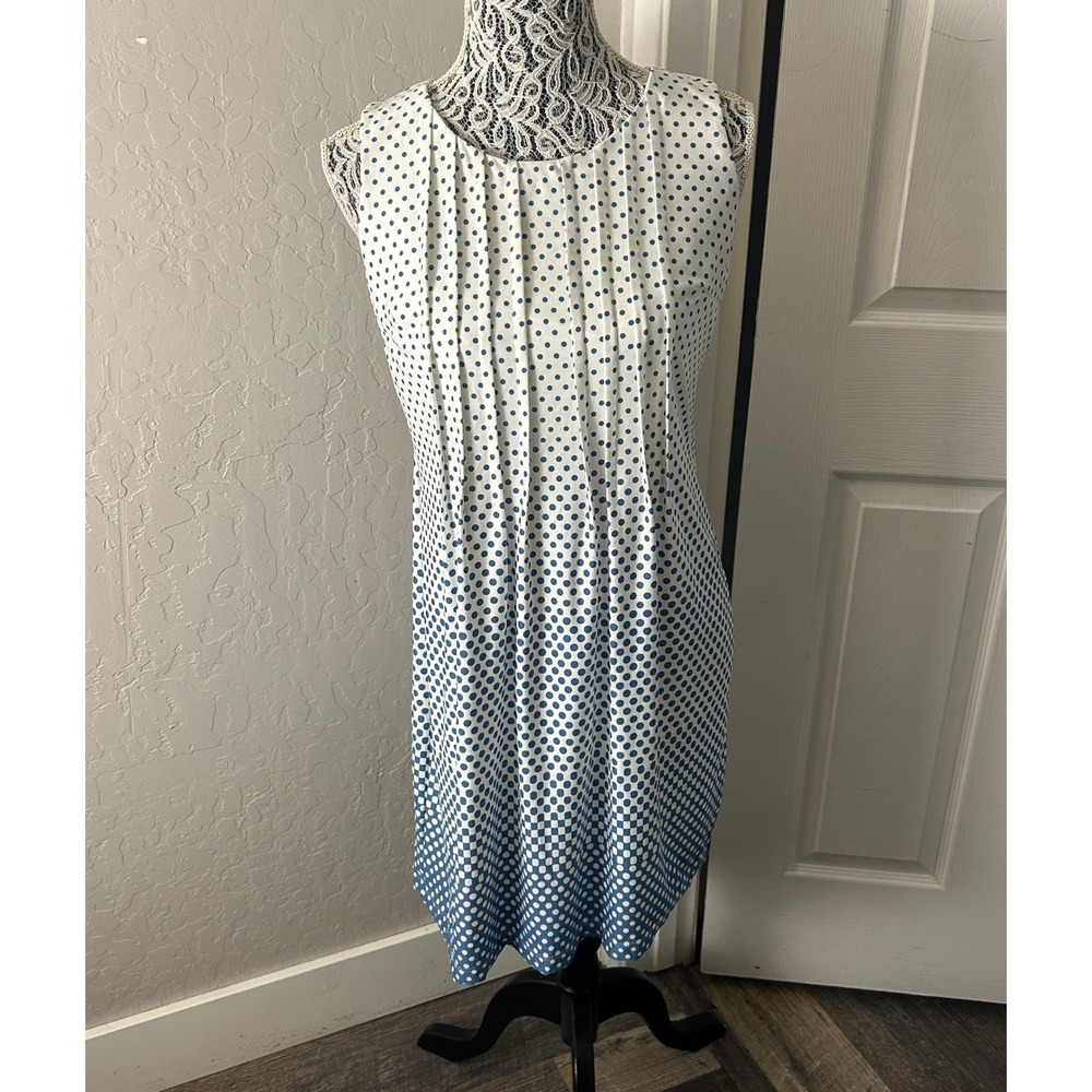 Perceptions Sleeveless Shift Dress Petite PS White Blue Polka Dot Knee Length